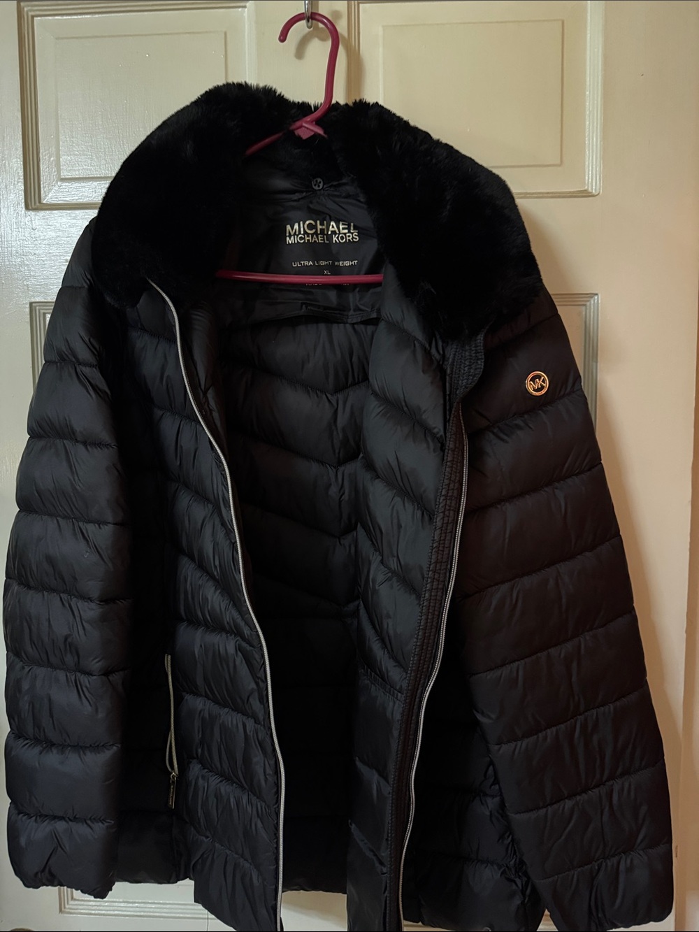 Michael Kors Black Quilted Puffer Coat with Faux Fur Collar